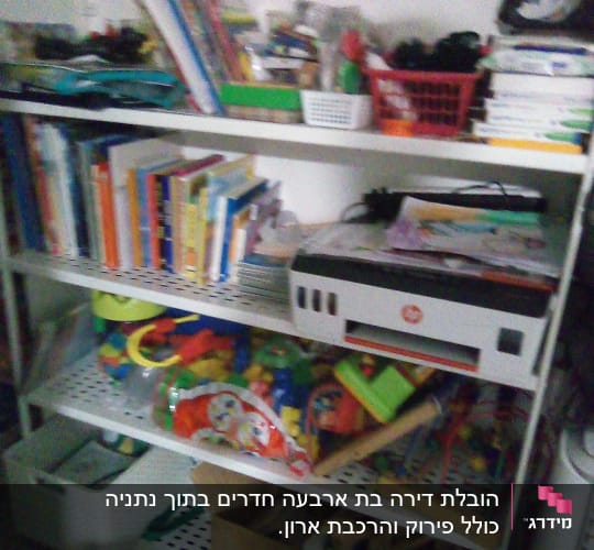 מדף עם צעצועים, ספרים ומדפסת